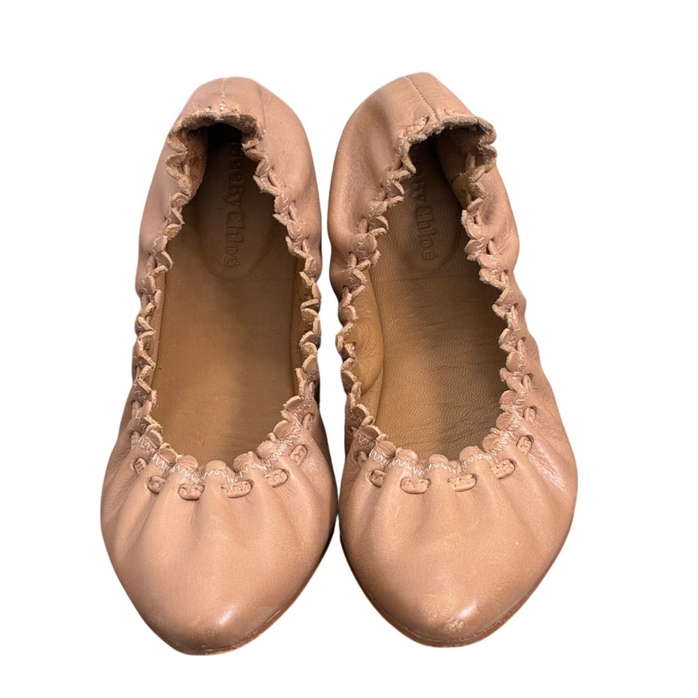 See By Chloe Ballet Flats Size 40 US 9.5 Tan Beige Scalloped Leather Pointed Toe